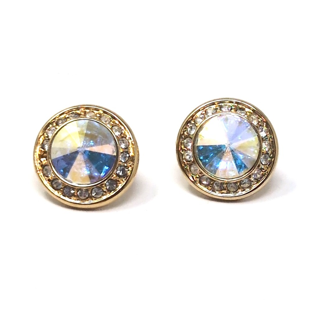 Vtg Swarovski Aurora Borealis Crystal Halo Stud Earrings Gold Tone Signed Swan